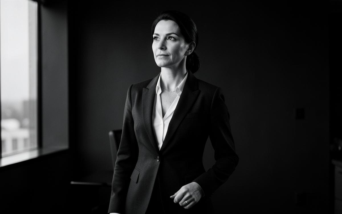 Female CEO standing composed in a modern office while considering the company's next stage of growth