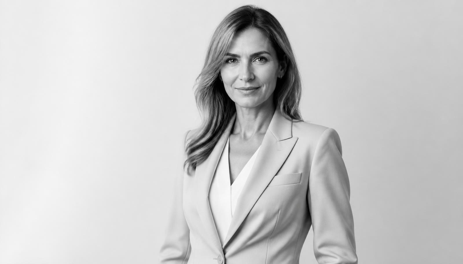 Female executive in a light studio portrait reflecting on achievement, identity, and purpose beyond performance