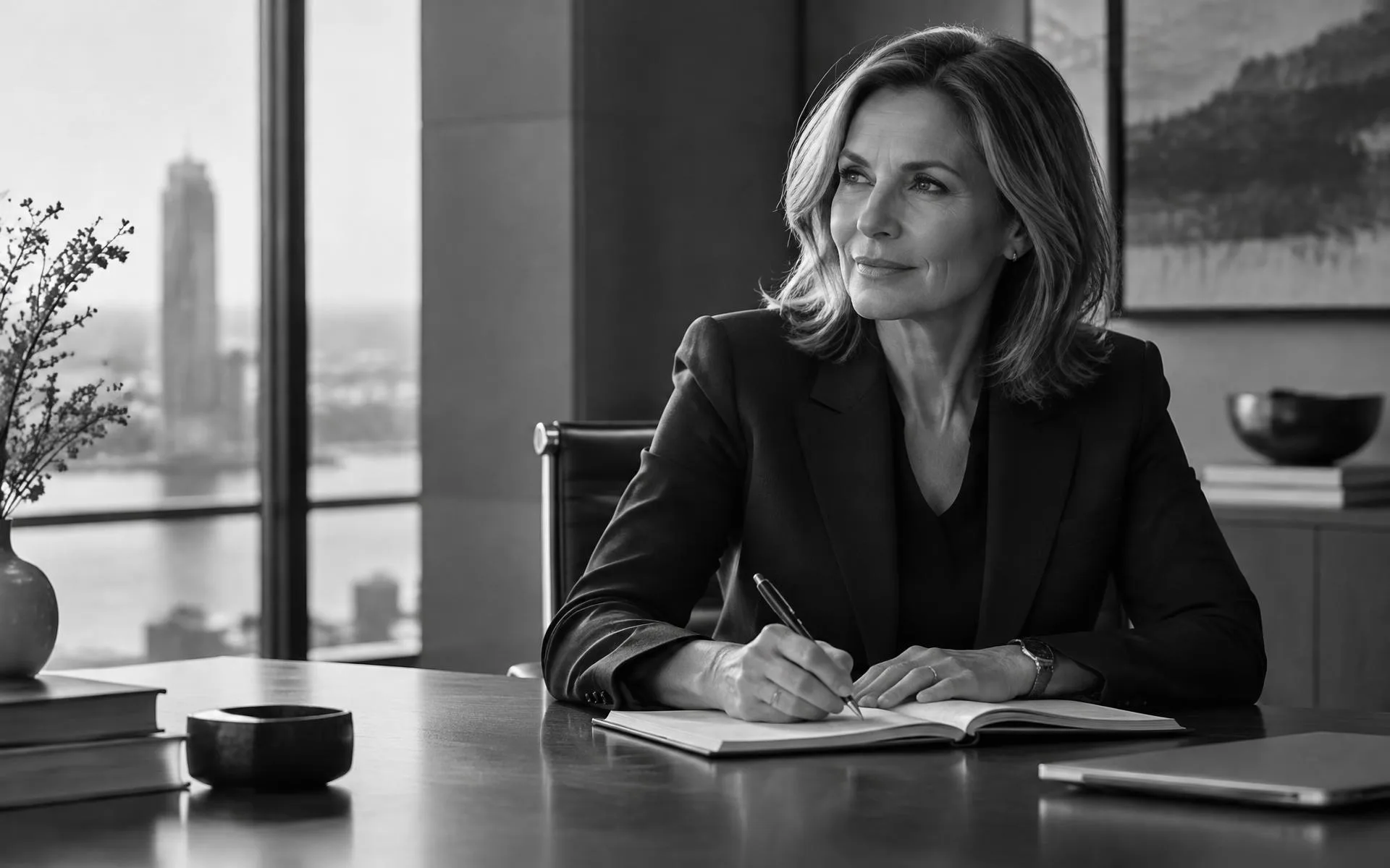 Experienced executive writing a concise note at a table in a light-filled modern office