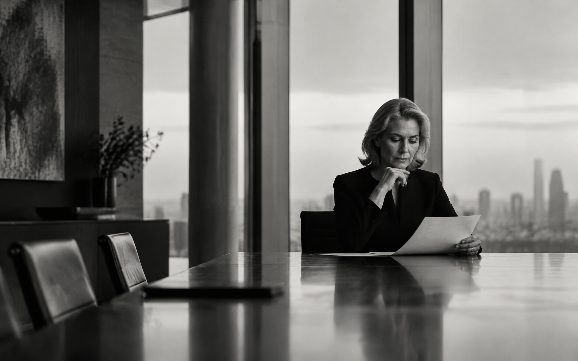 CEO reviewing a high-stakes decision with calm focus in a modern executive setting