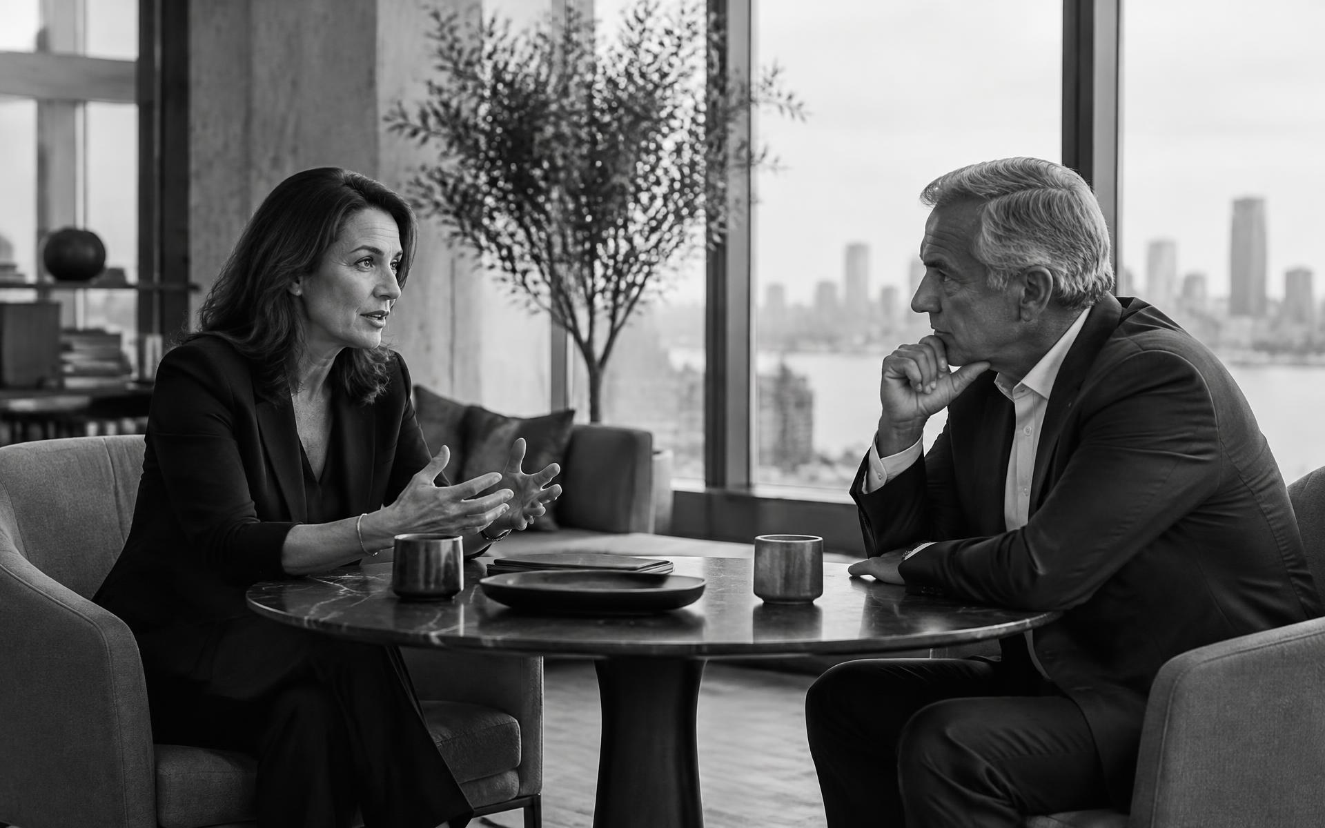 Two senior professionals having a thoughtful one-on-one conversation in a modern office